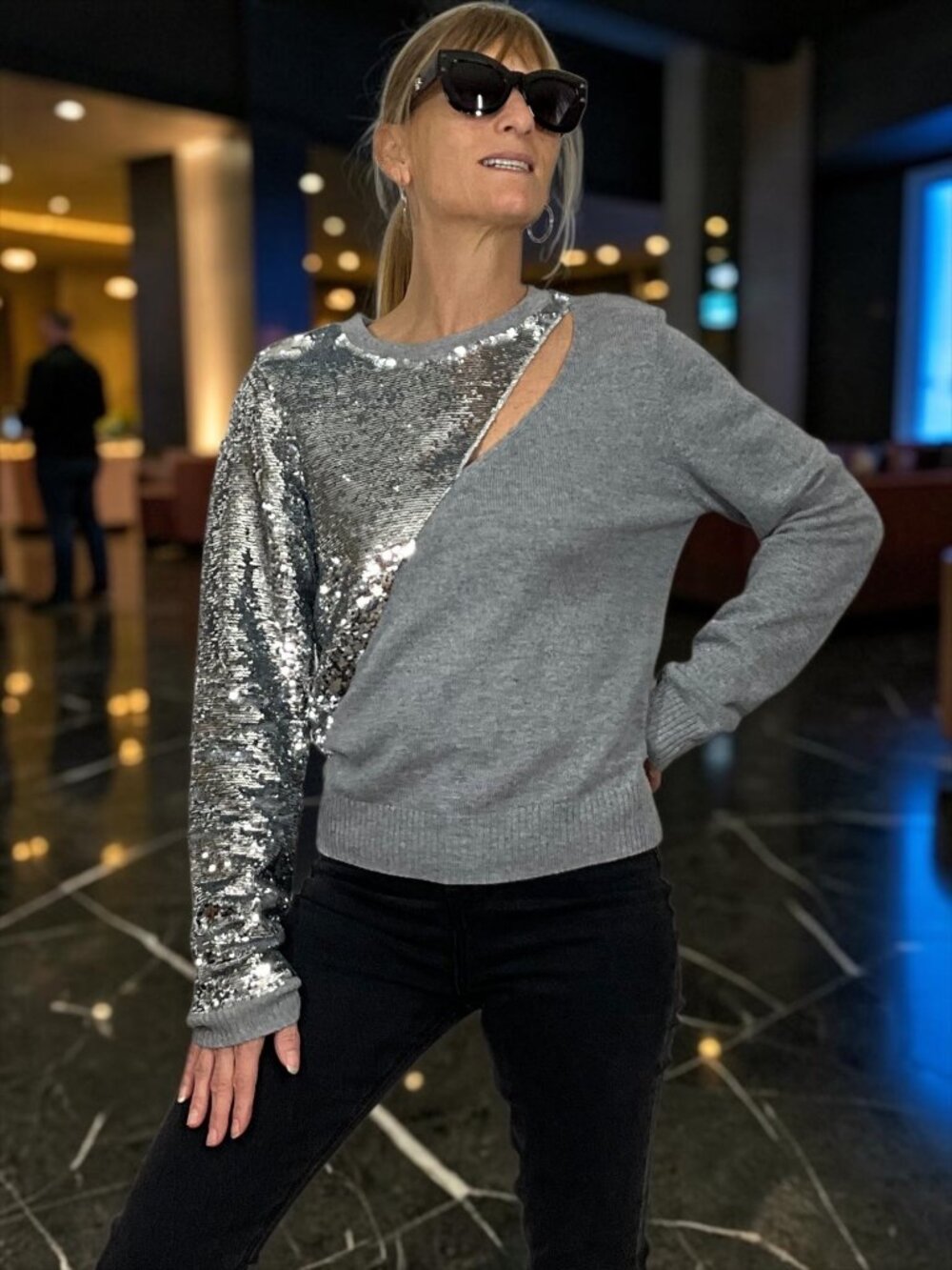 Revolve RTA Brand Teagan Sequin Sweater M Heather Gray Cutout Party